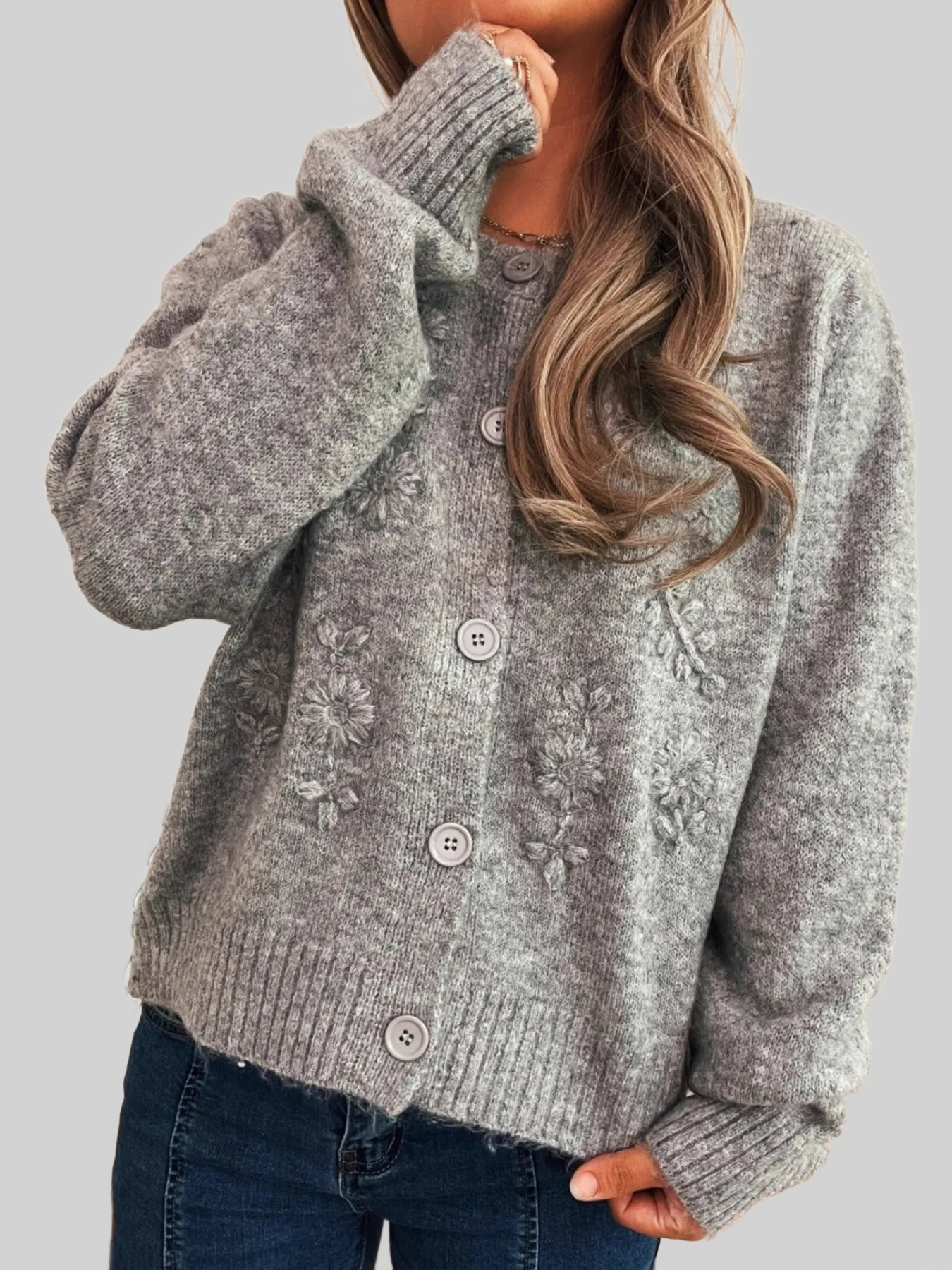 Flower Button Up Ribbed Hem Cardigan