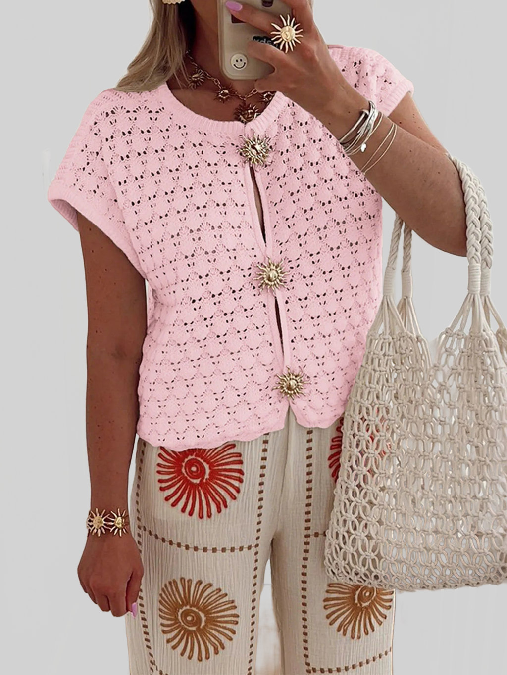 Crochet Short Sleeve Button Front Cardigan