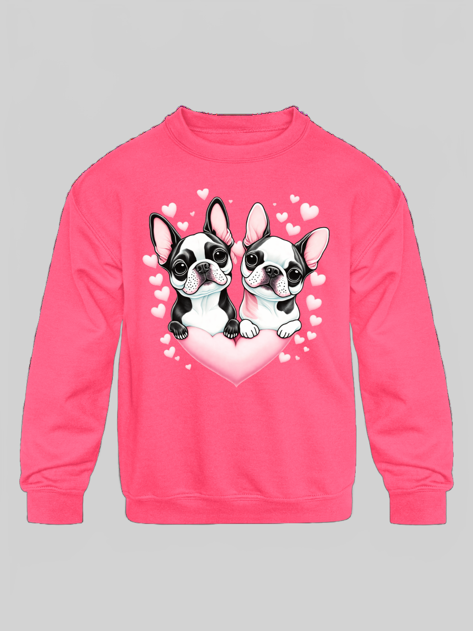 Girls Pug Dogs with Hearts Long Sleeve Crewneck Sweatshirt
