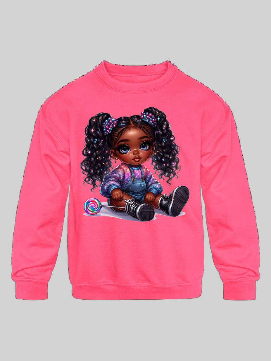 African American Toddler Girls Curly Hair Long Sleeve Crewneck Sweatshirt