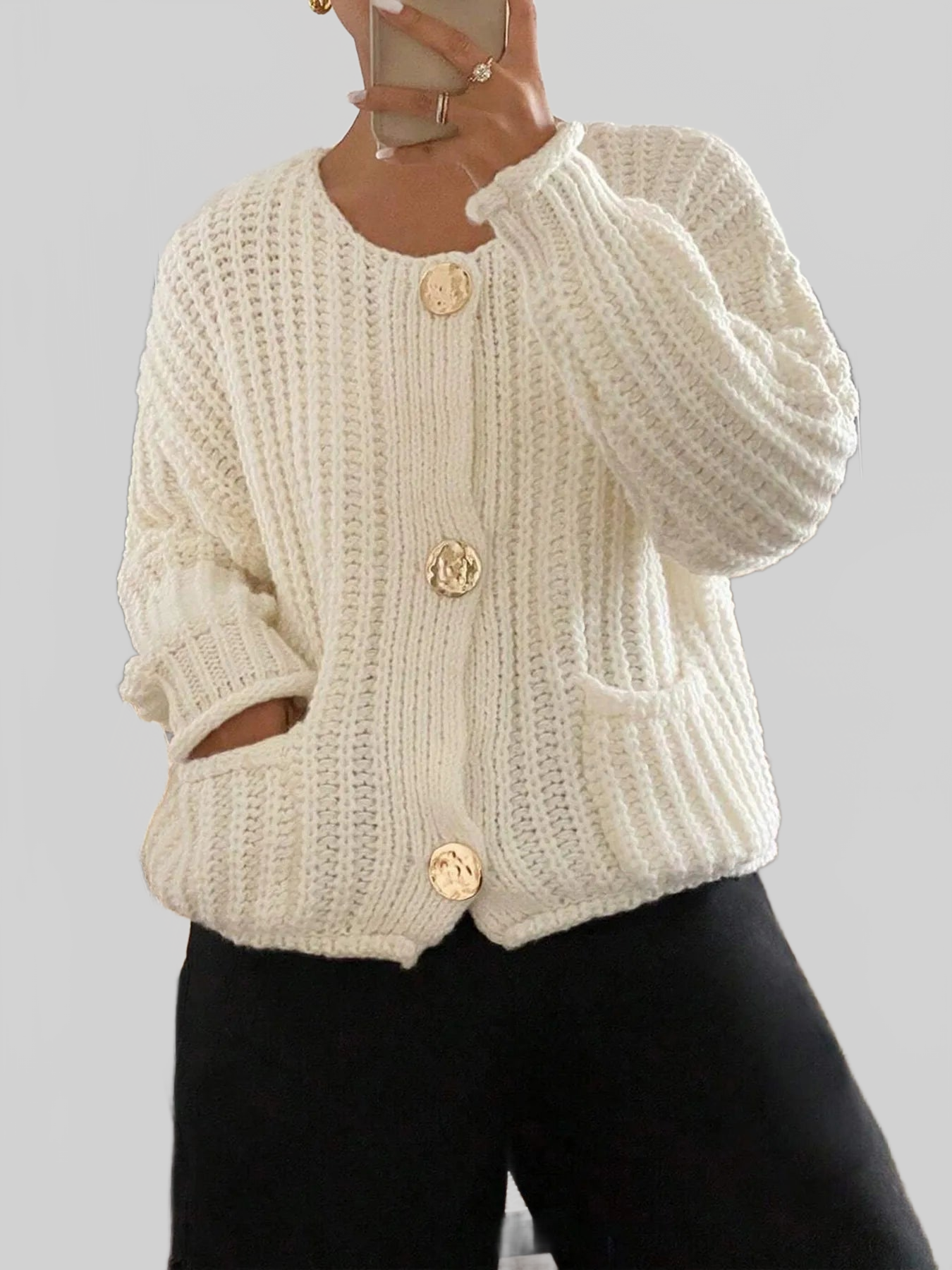 Button-Front Knit Cardigan with Pockets