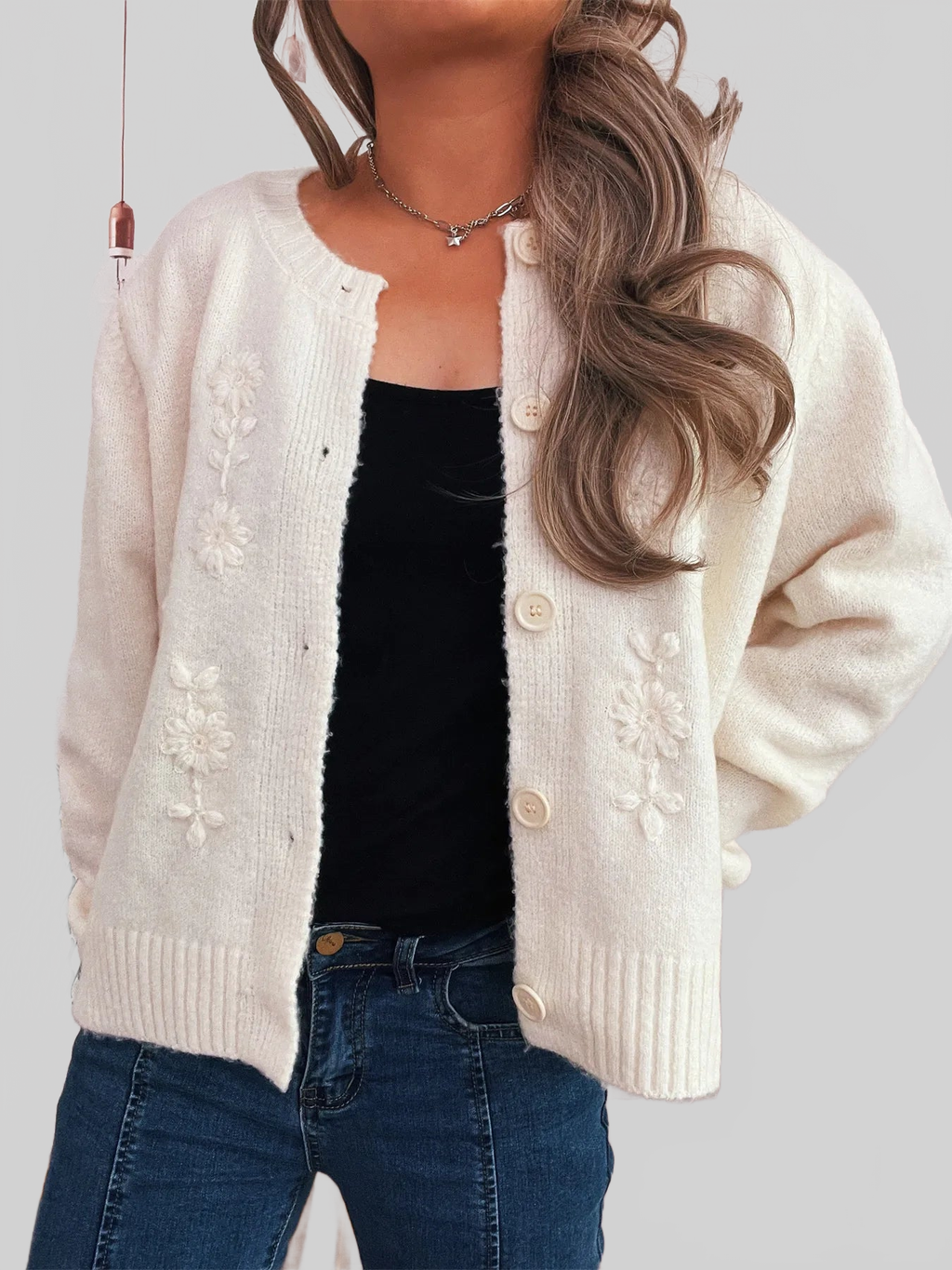 Flower Button Up Ribbed Hem Cardigan