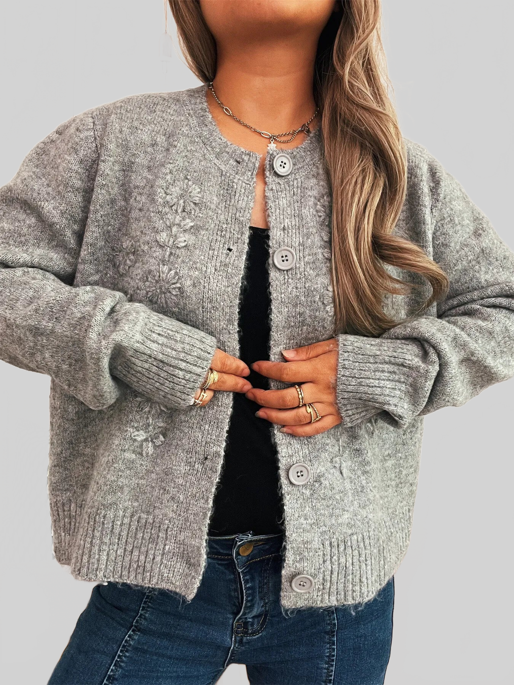 Flower Button Up Ribbed Hem Cardigan