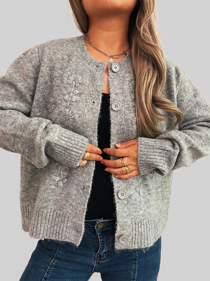 Flower Button Up Ribbed Hem Cardigan