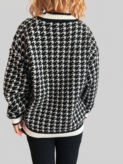 Women Houndstooth Pattern V-Neck Button-Up Cardigan Sweater
