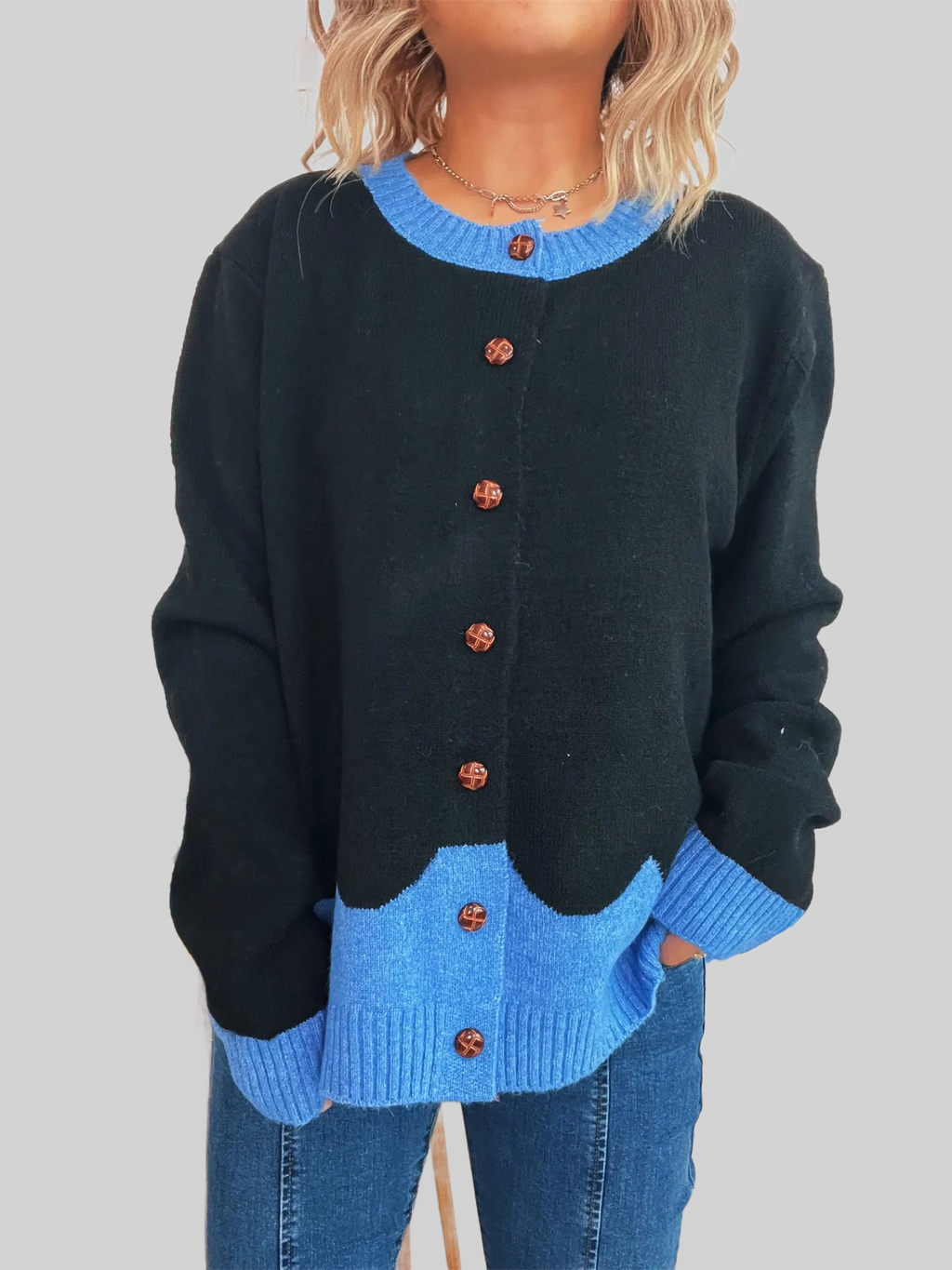 Button-Front Contrast Trim Cardigan