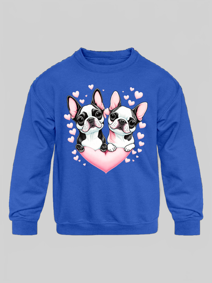 Girls Pug Dogs with Hearts Long Sleeve Crewneck Sweatshirt