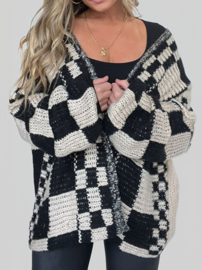 Women Plaid Open Front Long Sleeve Cardigan Sweater