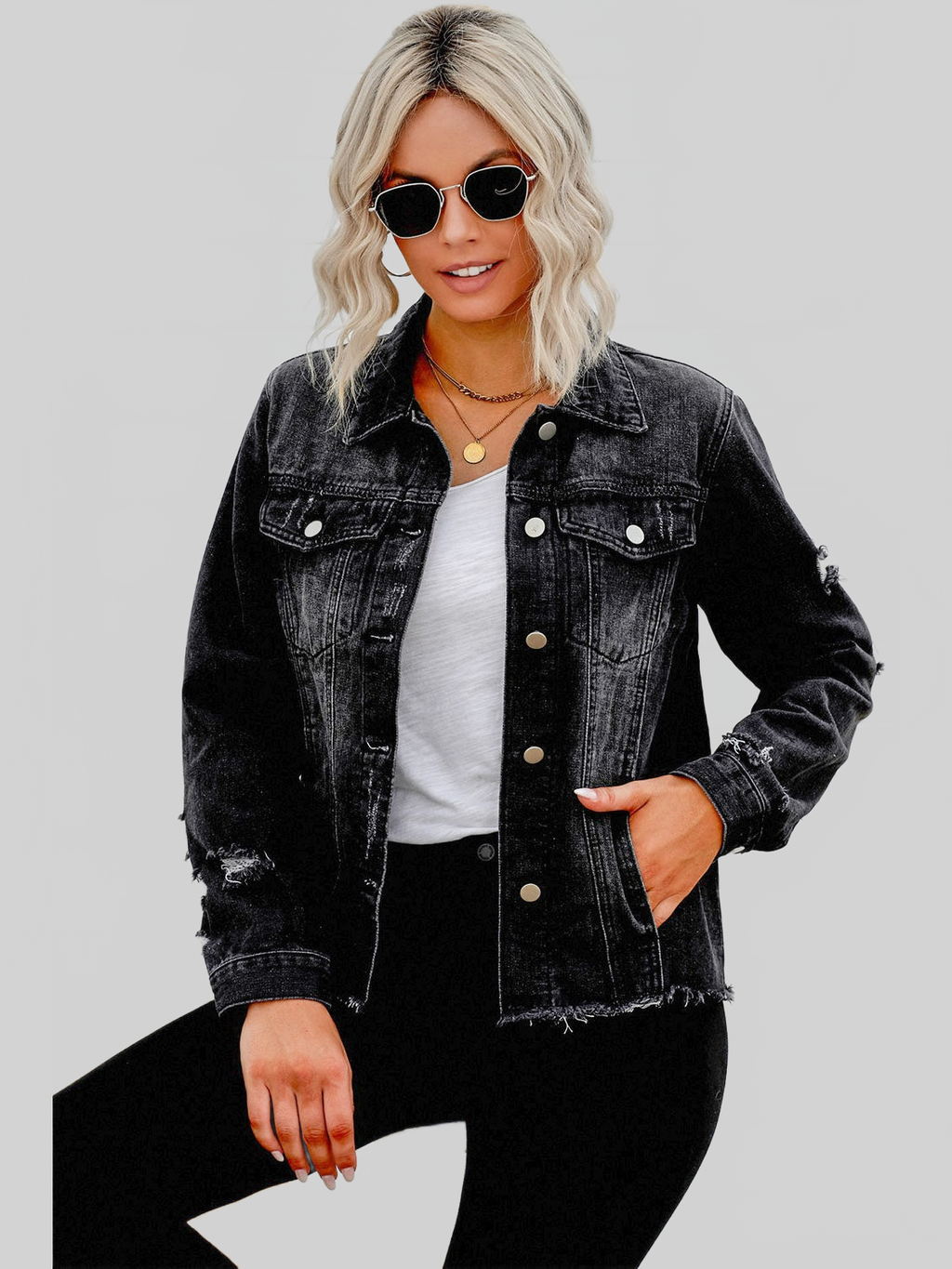 Distressed Raw Hem Denim Jacket