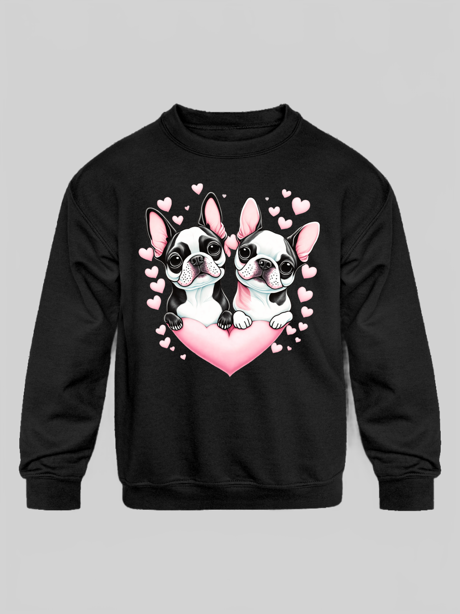Girls Pug Dogs with Hearts Long Sleeve Crewneck Sweatshirt