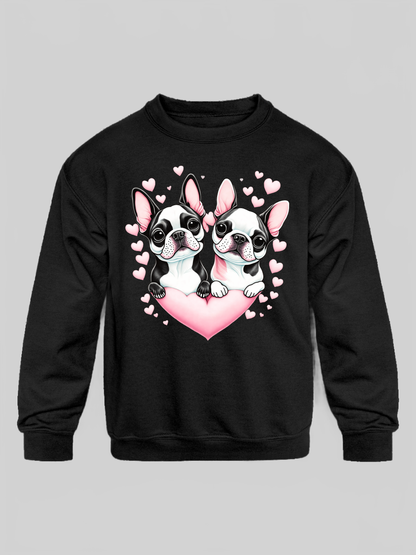 Girls Pug Dogs with Hearts Long Sleeve Crewneck Sweatshirt