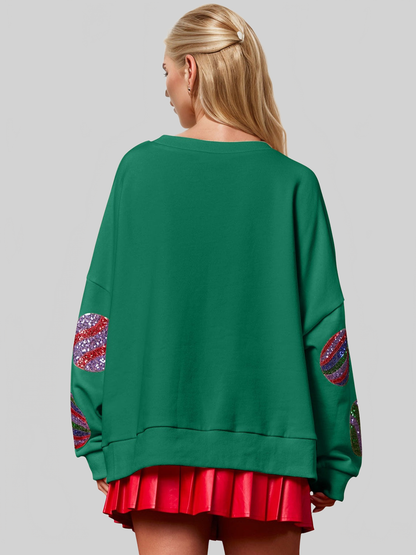 Women Double Take Christmas Element Sequin Round Neck Long Sleeve Sweatshirt