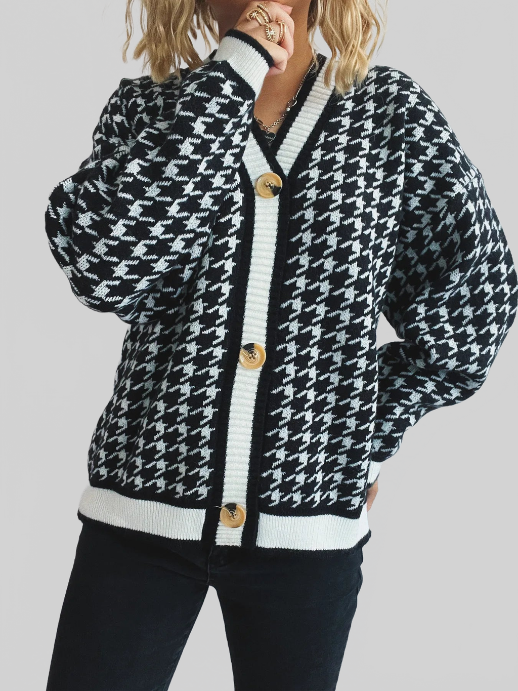 Women Houndstooth Pattern V-Neck Button-Up Cardigan Sweater