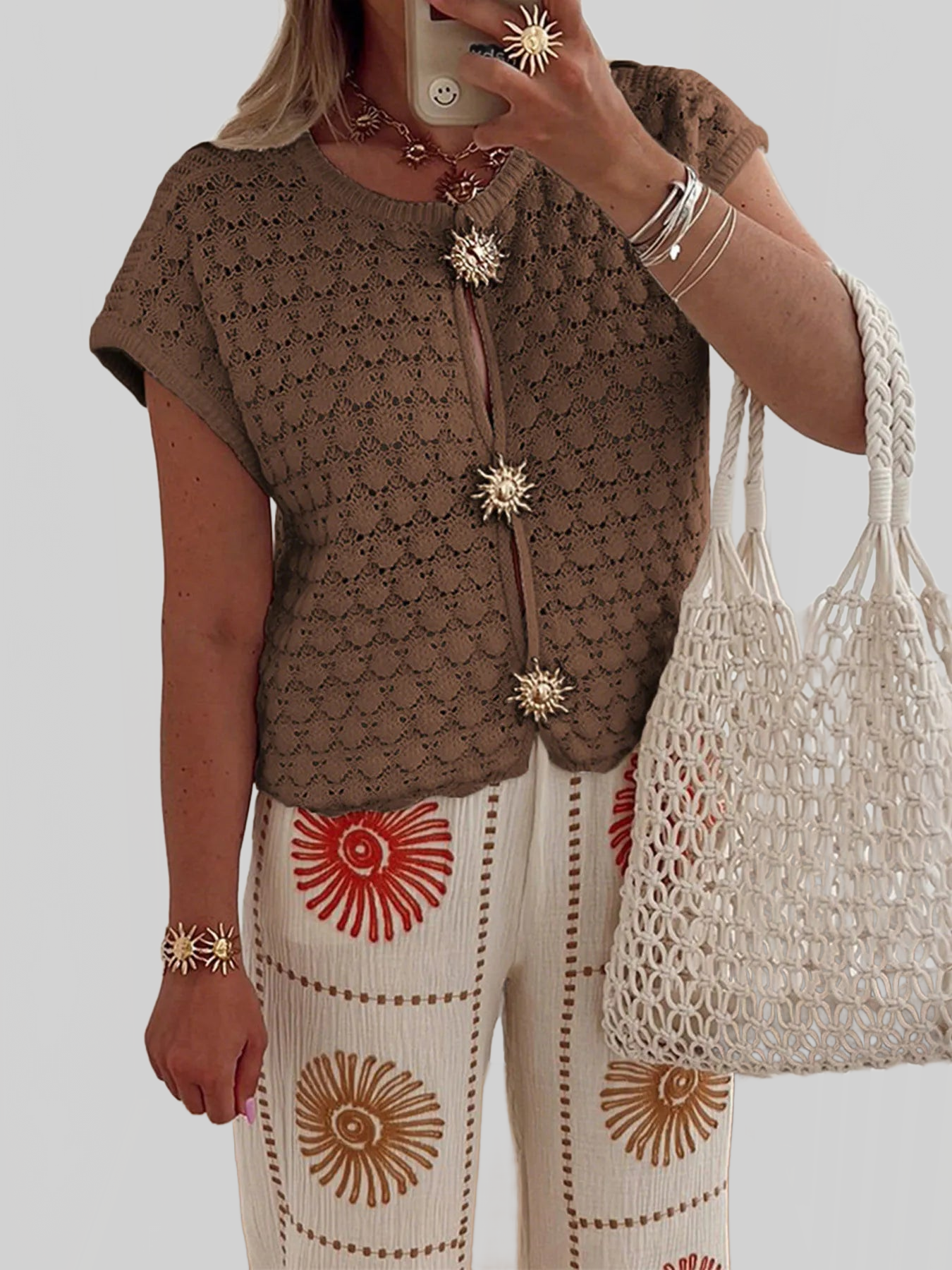 Crochet Short Sleeve Button Front Cardigan