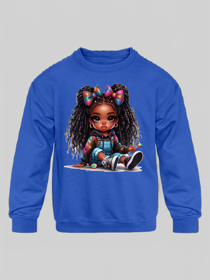 African American Toddler Girls Braids and Bows Long Sleeve Crewneck Sweatshirt