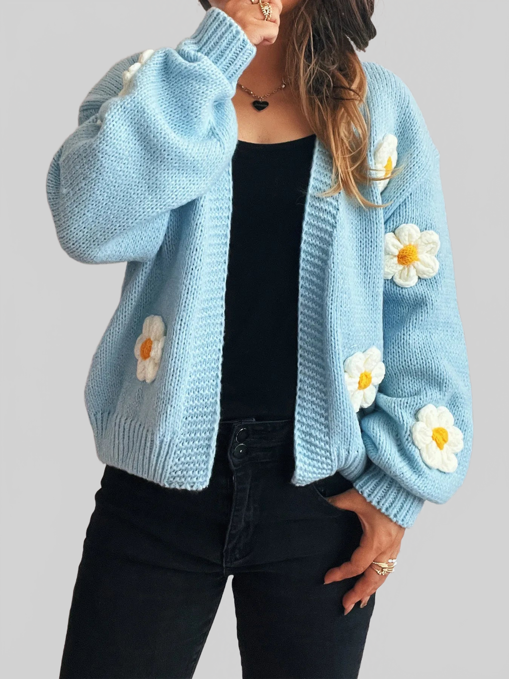 Flower Open Front Long Sleeve Cardigan