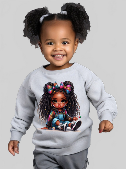 African American Toddler Girls Braids and Bows Long Sleeve Crewneck Sweatshirt