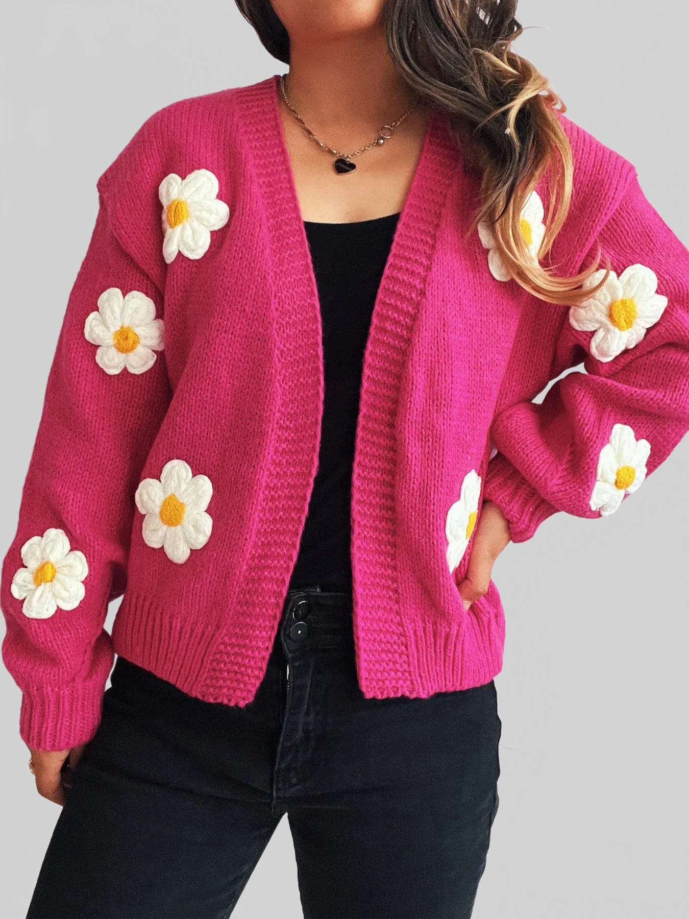 Flower Open Front Long Sleeve Cardigan