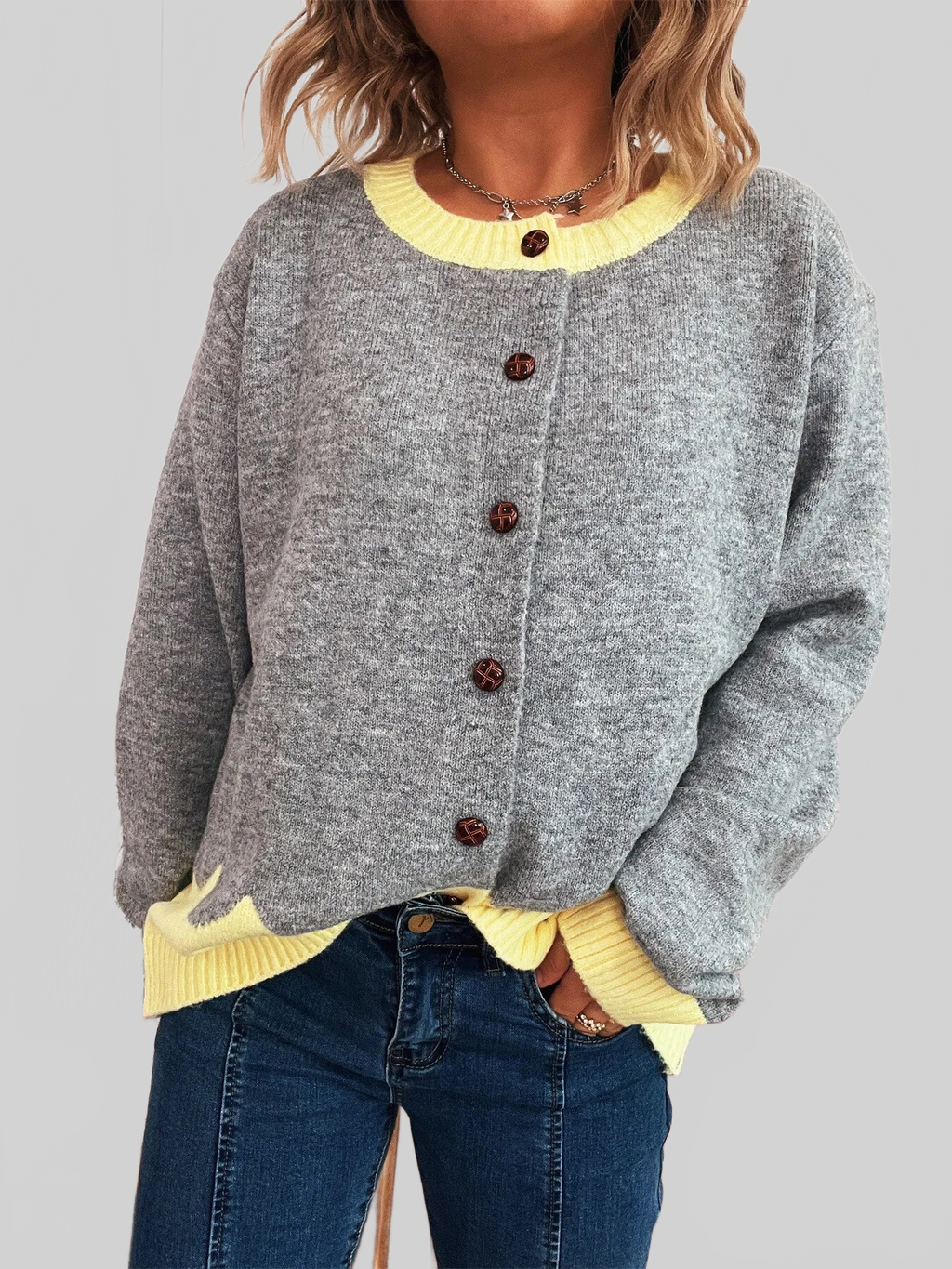 Button-Front Contrast Trim Cardigan