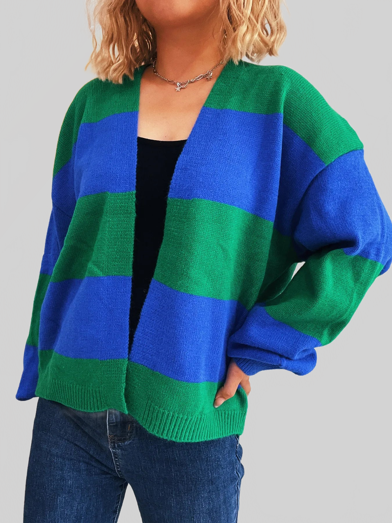 Women Color Block Open Front Cardigan