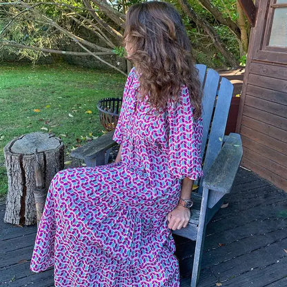 Women's Boho Floral Maxi Dress with Drawstring V Neck
