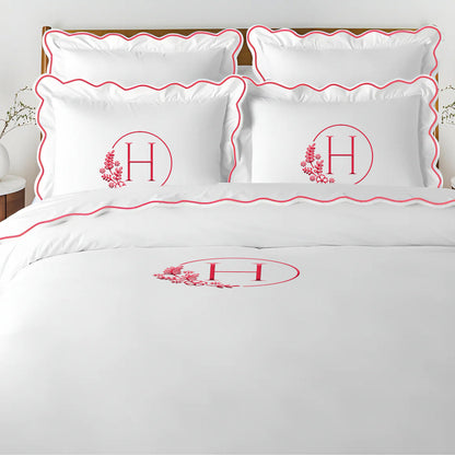 Monogram 400TC Cotton Scallop Embroidery Sateen Solid Duvet Cover Set