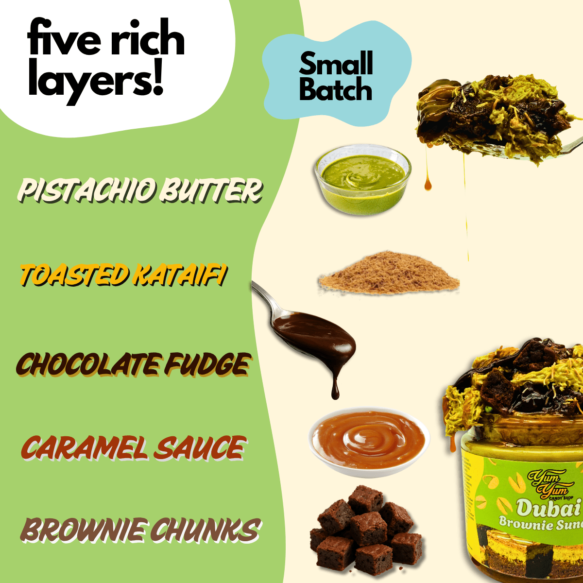 Pistachio Dubai Brownie Sundae – Chocolate Fudge & Pistachio Cream | Yum Yum Candy Shop