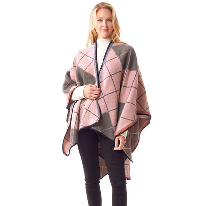 Plaid Check Patterned Stitch Ruana Poncho Wrap Shawl