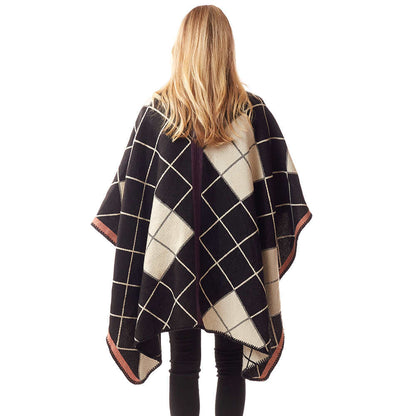 Plaid Check Patterned Stitch Ruana Poncho Wrap Shawl