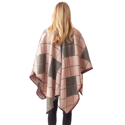 Plaid Check Patterned Stitch Ruana Poncho Wrap Shawl