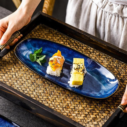 Eye Of Ocean Japanese Glazed Blue Long Plate