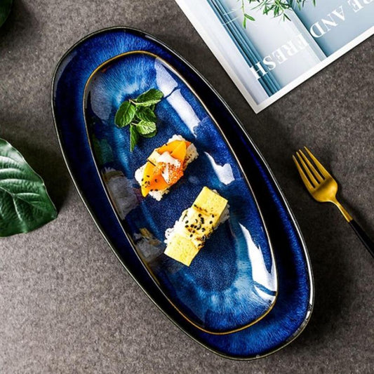 Eye Of Ocean Japanese Glazed Blue Long Plate