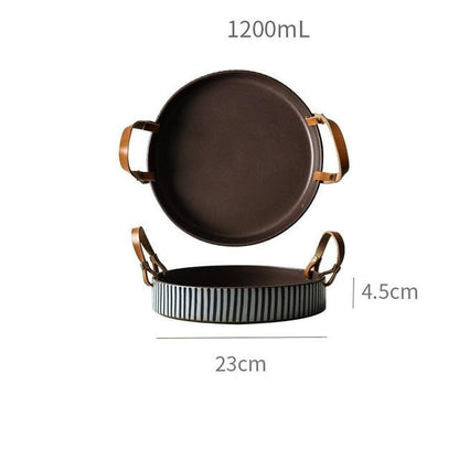 Exclusive Striped Ceramic Plate with Leather Handle