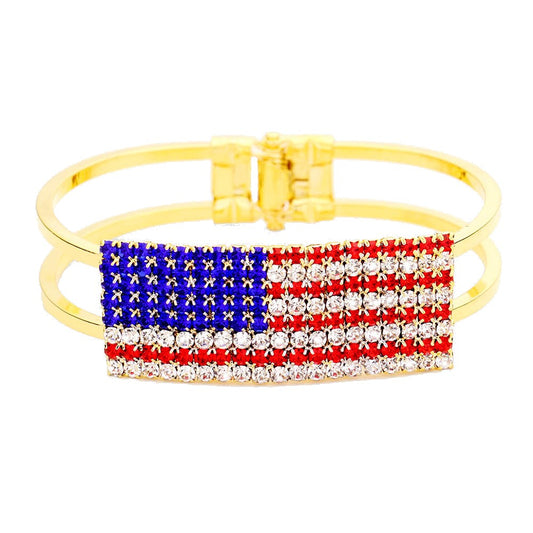 Women's Red, White & Blue Crystal Pave American Flag Hinged Bracelet 4th of July