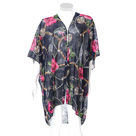 Rose Flower Chain Print Cover Up Kimono Poncho Beachwear