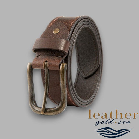 Brown Leather Belt brass buckle - 32-54"