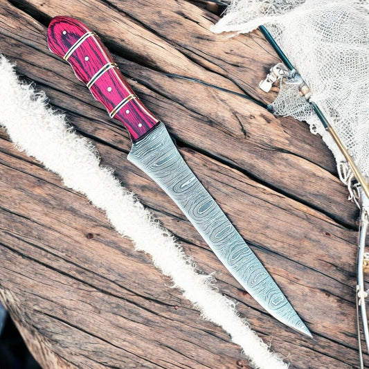 Handmade Damascus Fillet Knife – 12" with Exotic Wood Handle