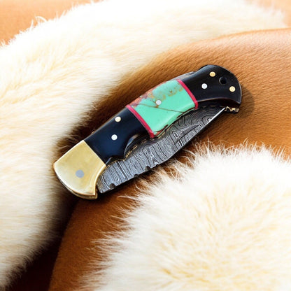 Custom Handmade Damascus Steel Pocket Knife with Brass Bolster