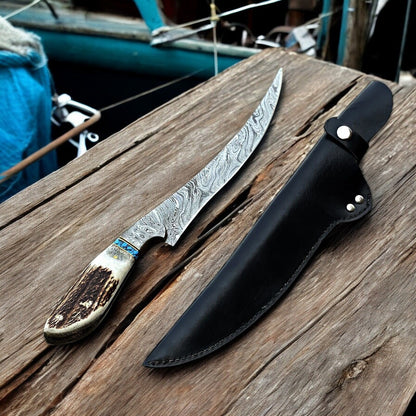 Premium Damascus Fillet Knife – Antler Horn Handle, 13"