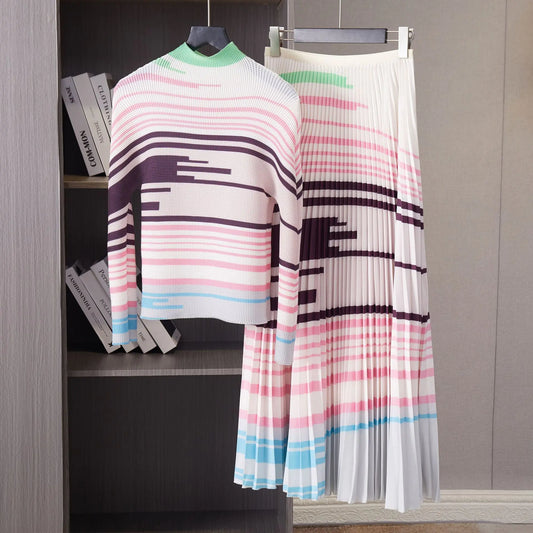 Pink Printed Pleated Skirt Set