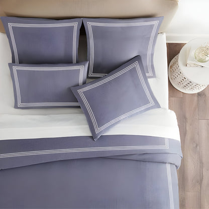 200TC Yarn Dyed Chambray Indigo Blue Triple Embroidery Duvet Cover Set