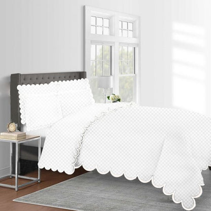 Allena 400TC Cotton Scallop Embroidery Sateen Microcheck Duvet Cover Set