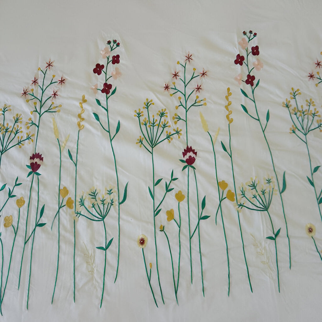 Floral Botanical Embroidered Cotton Sateen Duvet Cover Set