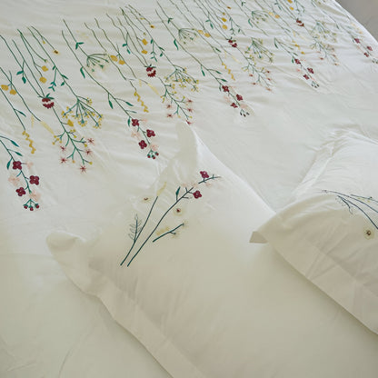 Floral Botanical Embroidered Cotton Sateen Duvet Cover Set