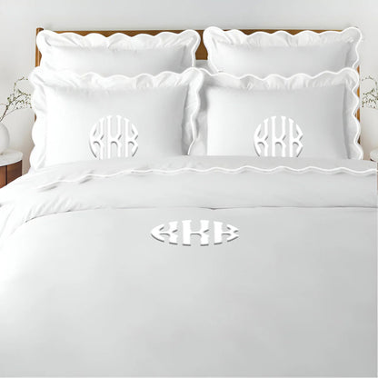 Monogram 400TC Cotton Scallop Embroidery Sateen Solid Duvet Cover Set