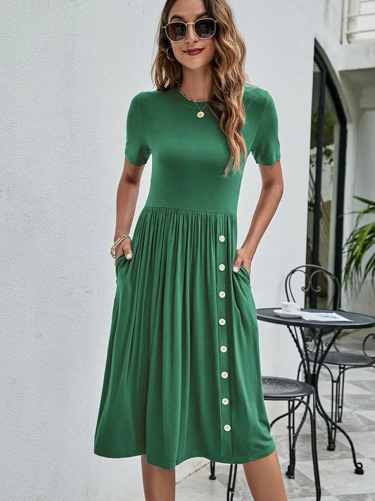 Solid Color Button Pocket Casual Women's Dress